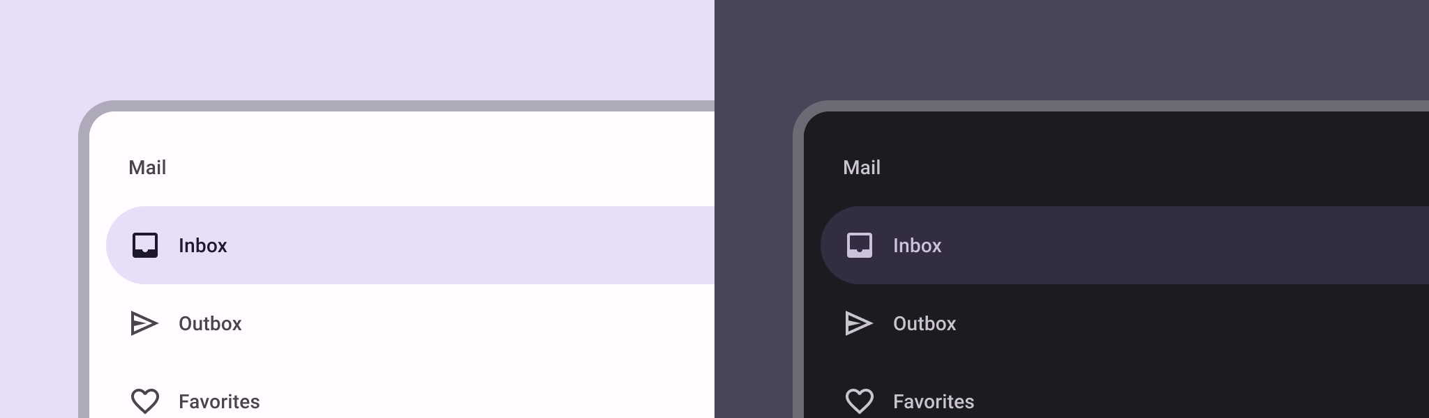 ตัวอย่างลิ้นชักการนำทางของ Material Design 3 ในโหมดสว่างและโหมดมืด
