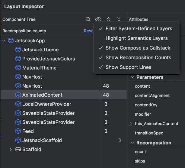 Zähler für Komposition und Überspringen im Layout Inspector aktivieren