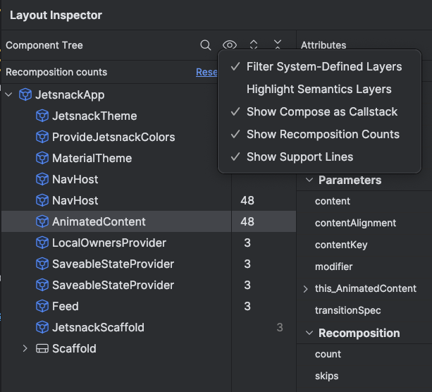 ترکیب را فعال کنید و شمارنده پرش را در Layout Inspector فعال کنید