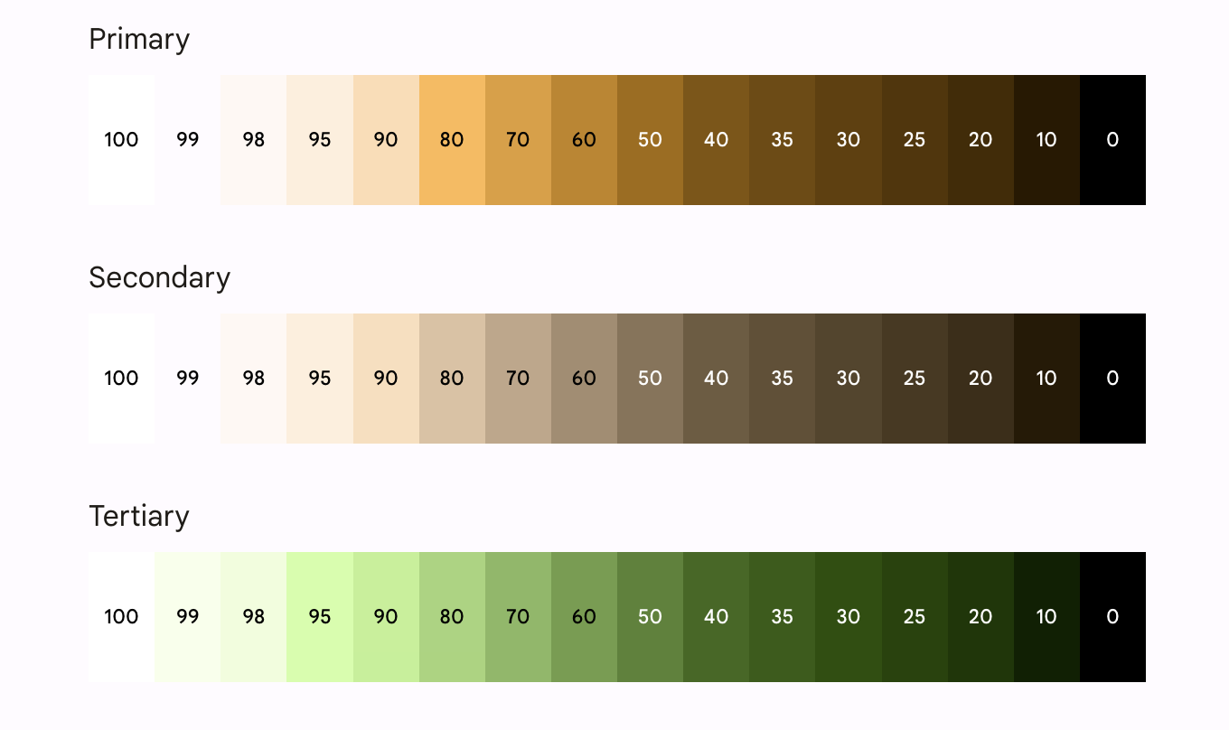 Beispiel-App für Antworten: Primäre, sekundäre und tertiäre Farbpaletten (von oben nach unten)
