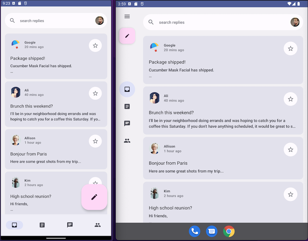 BottomNavigationBar(왼쪽) 및 NavigationRail(오른쪽)의 Reply Showcase