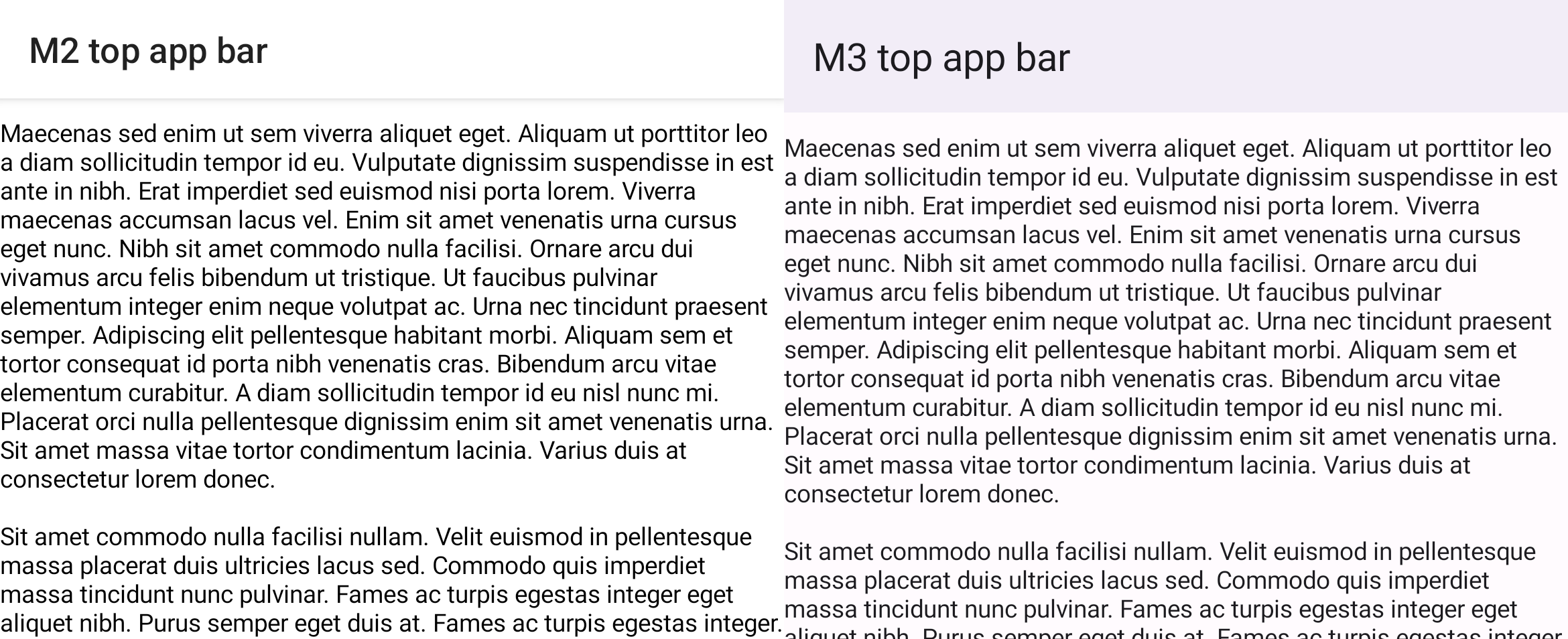 Comparación entre el andamiaje con una barra superior de la app y una lista desplazada de M2 y M3