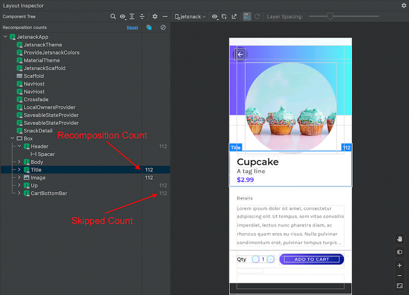 Jumlah rekomposisi dan lewati di Layout Inspector