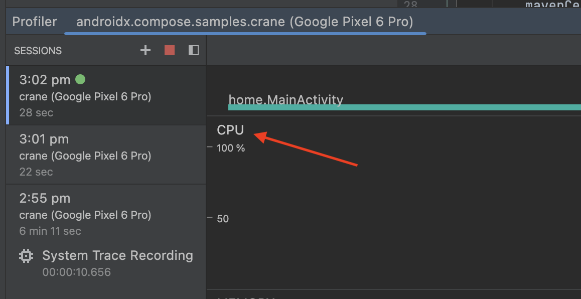 Android Studio Profiler – временная шкала ЦП