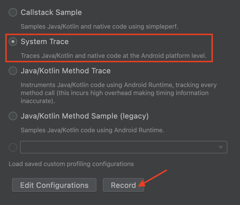 Opciones de seguimiento: System Trace