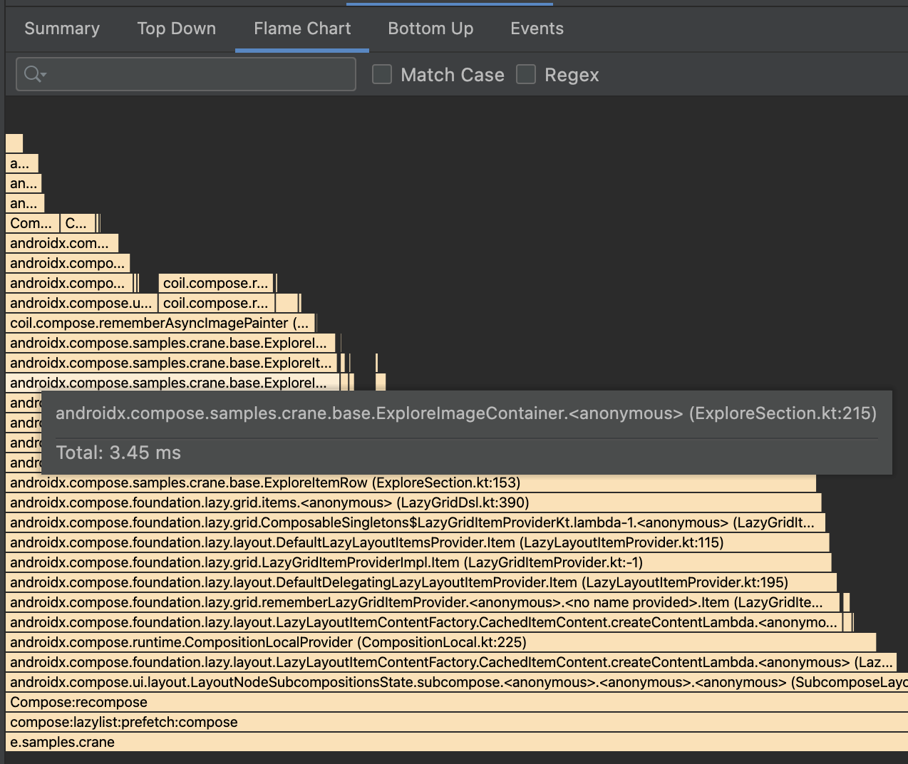 Ejemplo de un gráfico tipo llama que muestra funciones de componibilidad.