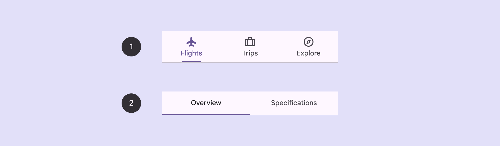  3 つのメインタブ（[フライト]、[旅行]、[探索]）が関連するアイコンとともに表示されます。関連付けられたアイコンのない 2 つのセカンダリ タブ（[概要]、[仕様]）が表示されます。