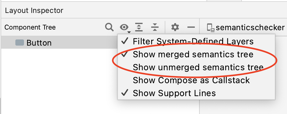 マージされたセマンティクス ツリーとマージされていないセマンティクス ツリーの両方を表示できる、Layout Inspector の表示オプション