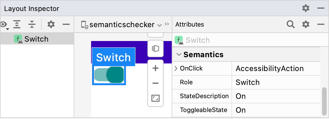 Layout Inspector که ویژگی‌های Semantics یک Switch را نشان می‌دهد