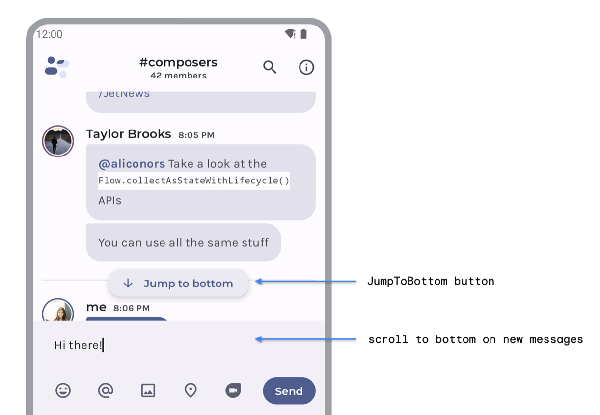 JumpToBottom 버튼과 새 메시지의 아래로 스크롤 기능이 있는 채팅 앱