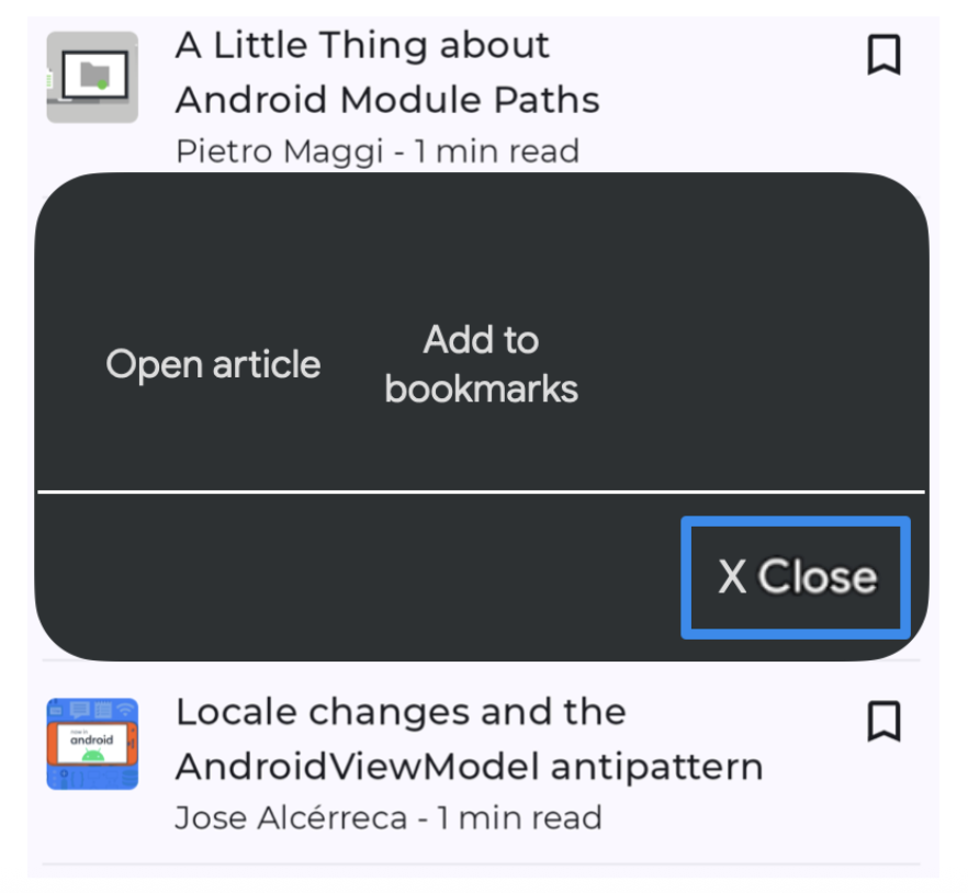 Visualizzazione del menu di azioni di Switch Access.