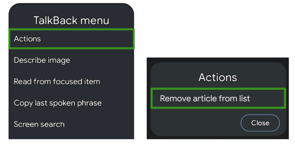 Visualização do menu de ações do TalkBack