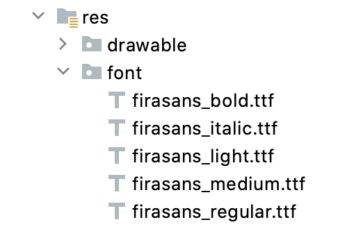 Penggambaran grafis dari res > folder font di lingkungan pengembangan 