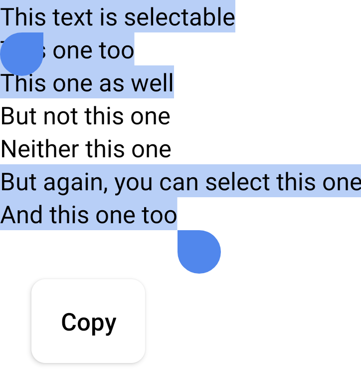 Eine längere Textpassage. Der Nutzer hat versucht, den gesamten Abschnitt auszuwählen, aber da auf zwei Zeilen „DisableSelection“ angewendet wurde, wurden sie nicht ausgewählt.