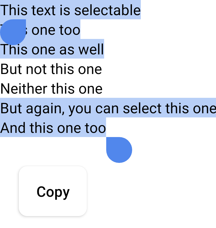 Long passage de texte. L&#39;utilisateur a essayé de sélectionner l&#39;intégralité du passage, mais deux lignes n&#39;ont pas été sélectionnées, car le composable DisableSelection leur est appliqué.