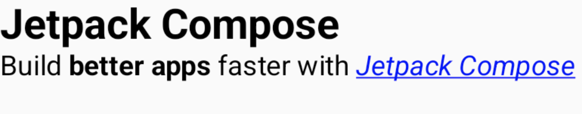 عنوان H1 "Jetpack Compose" و به دنبال آن "ساخت برنامه های بهتر با Jetpack".     Compose'، که در آن Jetpack Compose یک پیوند قابل کلیک است که با رنگ آبی استایل شده است،     زیر خط، و مورب.