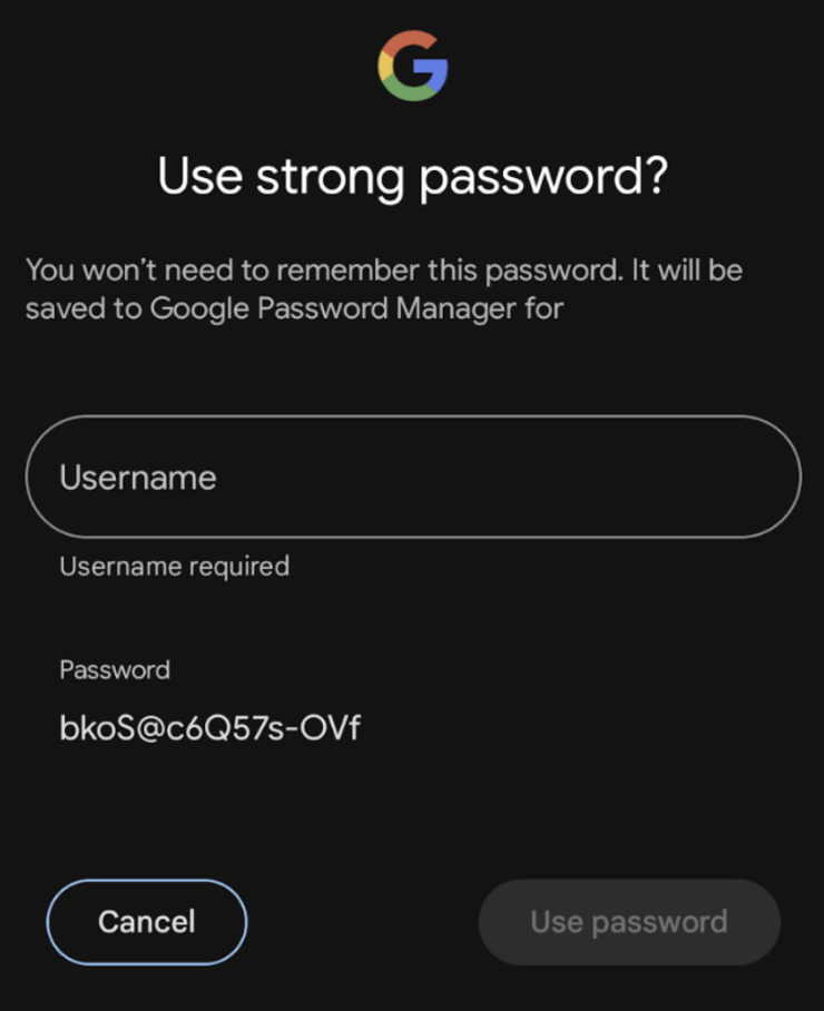 Riquadro inferiore che chiede agli utenti di utilizzare una password efficace.