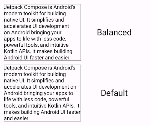 ย่อหน้าที่มีกลยุทธ์การตัดคำที่สมดุลและย่อหน้า
  ที่จัดรูปแบบโดยไม่มีกลยุทธ์ ย่อหน้าที่มีกลยุทธ์การตัดคำ
  ที่สมดุลจะมีความยาวบรรทัดที่สอดคล้องกันมากกว่าค่าเริ่มต้น