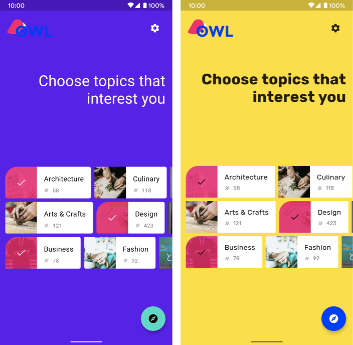 Deux captures d'écran aux contrastes différents. La première utilise le style MaterialTheme par défaut, et la seconde un style modifié.