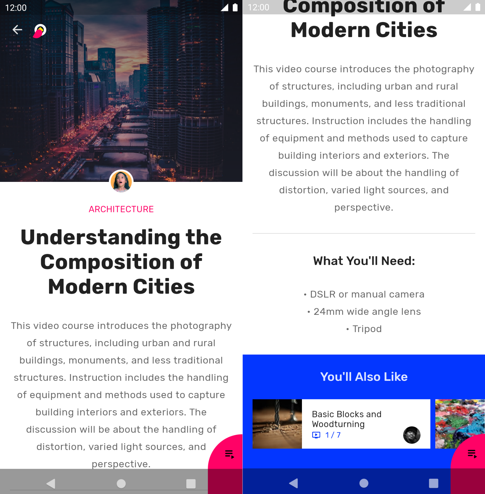 Captura de pantalla de una app que muestra temas anidados, con un tema rosa para la pantalla principal y un tema azul para una sección relacionada