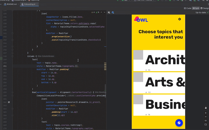 Ein GIF, das Echtzeit-Updates mit Compose Preview zeigt