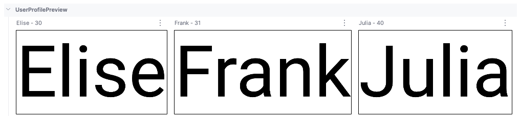 Vorschaubilder mit benutzerdefinierten Anzeigenamen für die Composables „Elise – 30“, „Frank – 31“ und „Julia – 40“