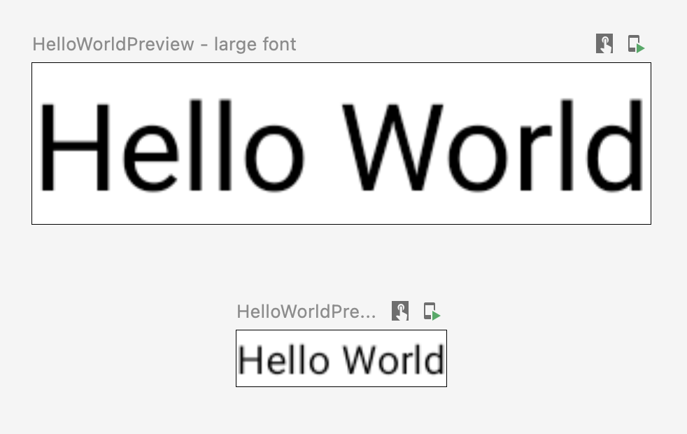 Guia de design do Android Studio mostrando o elemento combinável com fonte pequena e
grande
