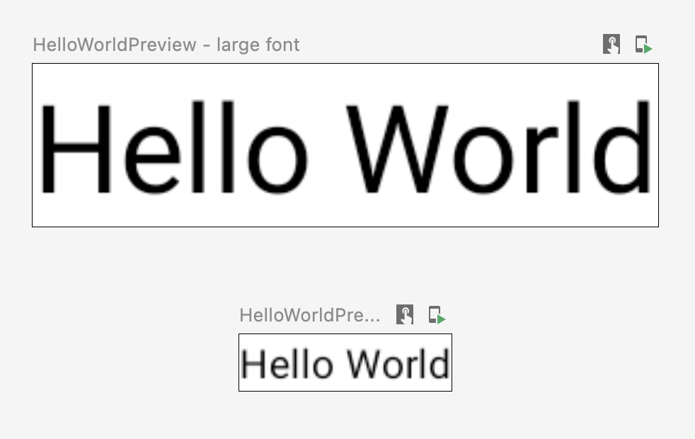 Tab desain Android Studio yang menampilkan composable dengan font kecil dan besar