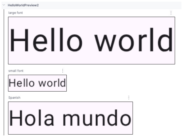 Android Studio design tab showing the composable in all configurations