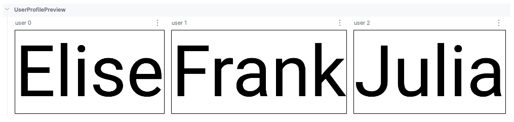 Vorschaubilder mit den Composables für Elise, Frank und Julia