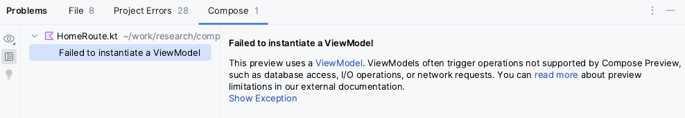 Panel de problemas de Android Studio con el mensaje No se pudo crear una instancia de un &quot;ViewModel&quot;