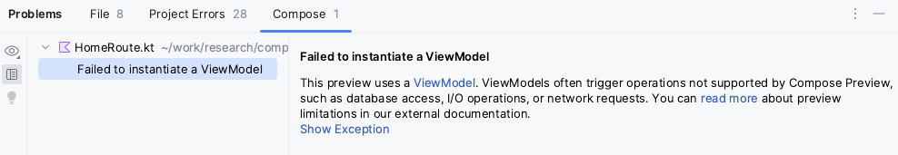 חלונית הבעיות ב-Android Studio עם ההודעה Failed to instantiate a `ViewModel` (הפעולה ליצירת מופע של ViewModel נכשלה)