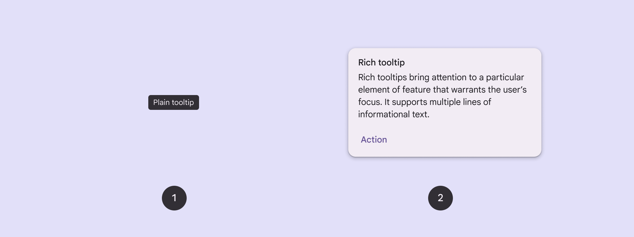 Tooltip biasa satu baris berlabel (1), dan tooltip multimedia multi-baris dengan judul dan blok informasi berlabel (2).