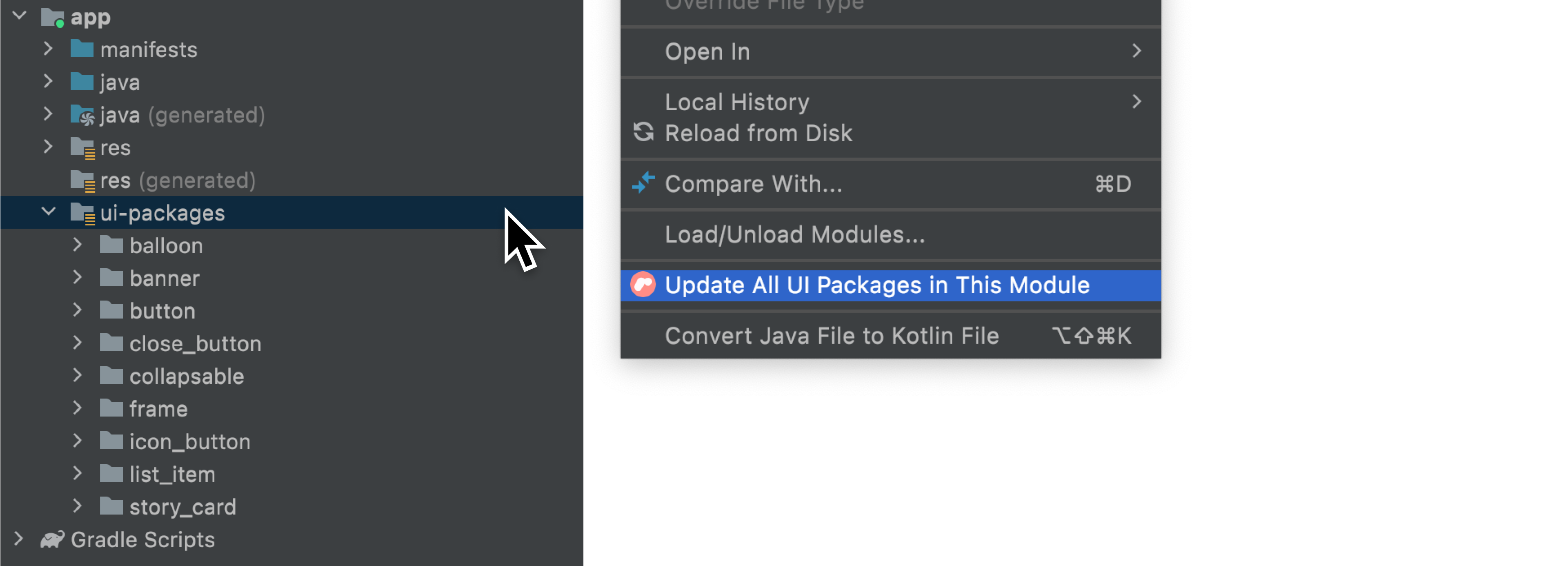 Opção Update All UI Packages no menu de contexto