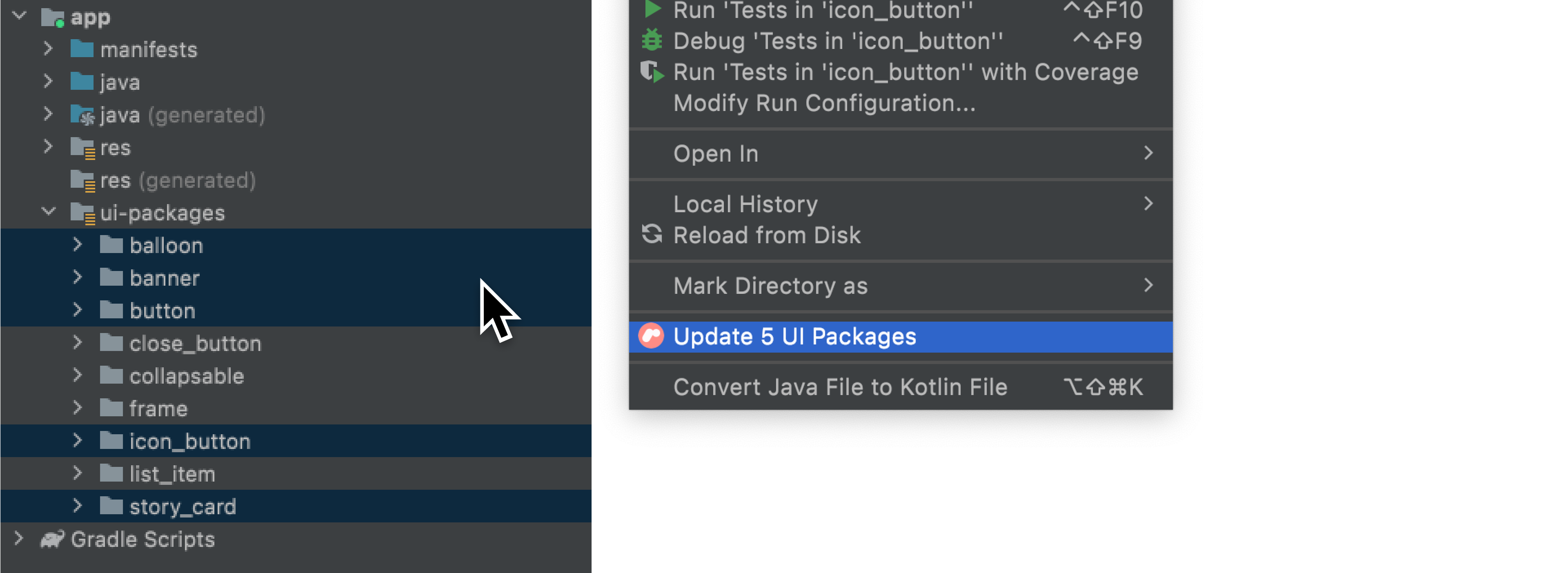 컨텍스트 메뉴의 Update 5 UI Packages 옵션