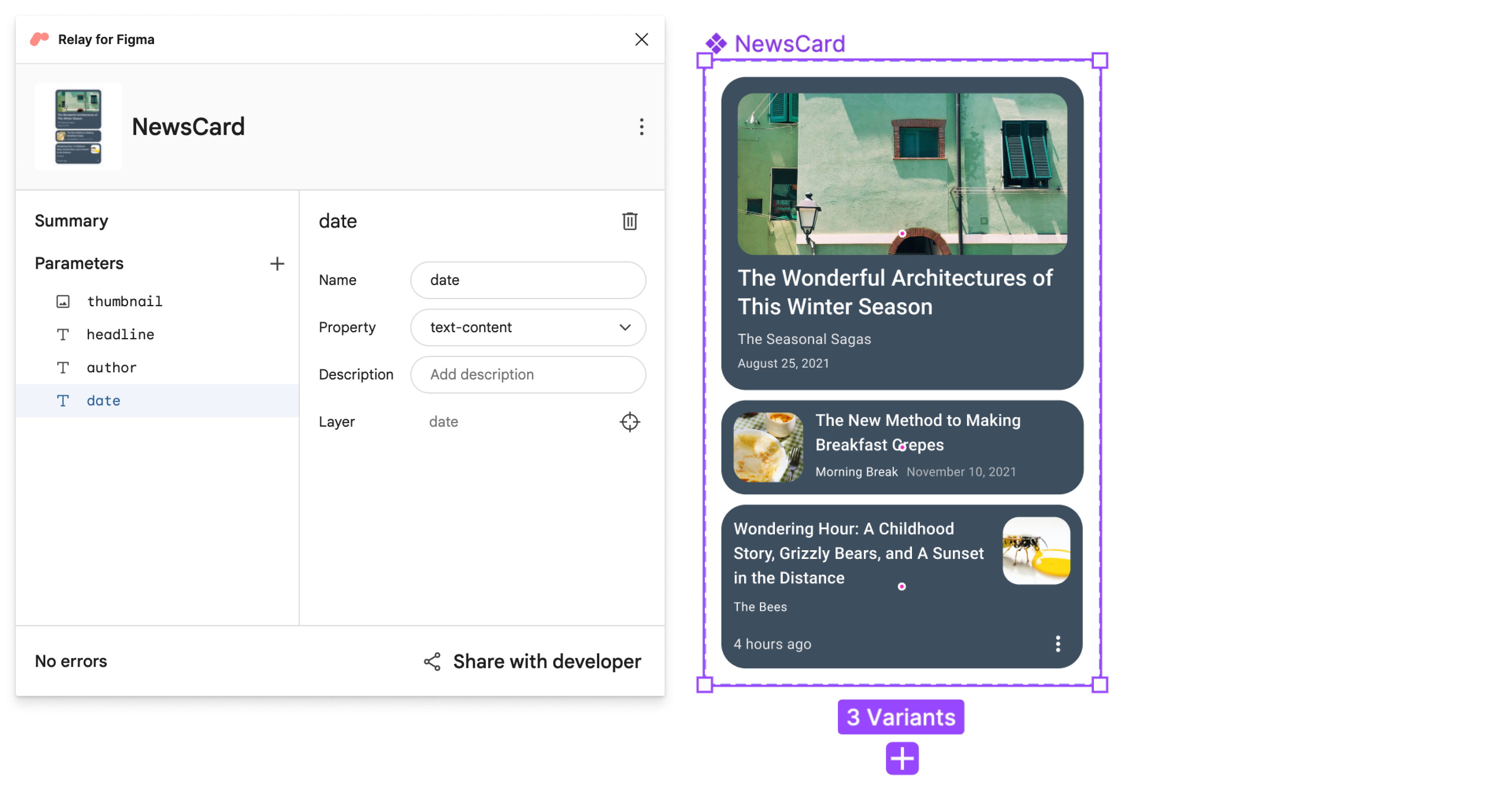 “headline”, “author” ve “date” parametreleri eklenmiş Figma eklentisi