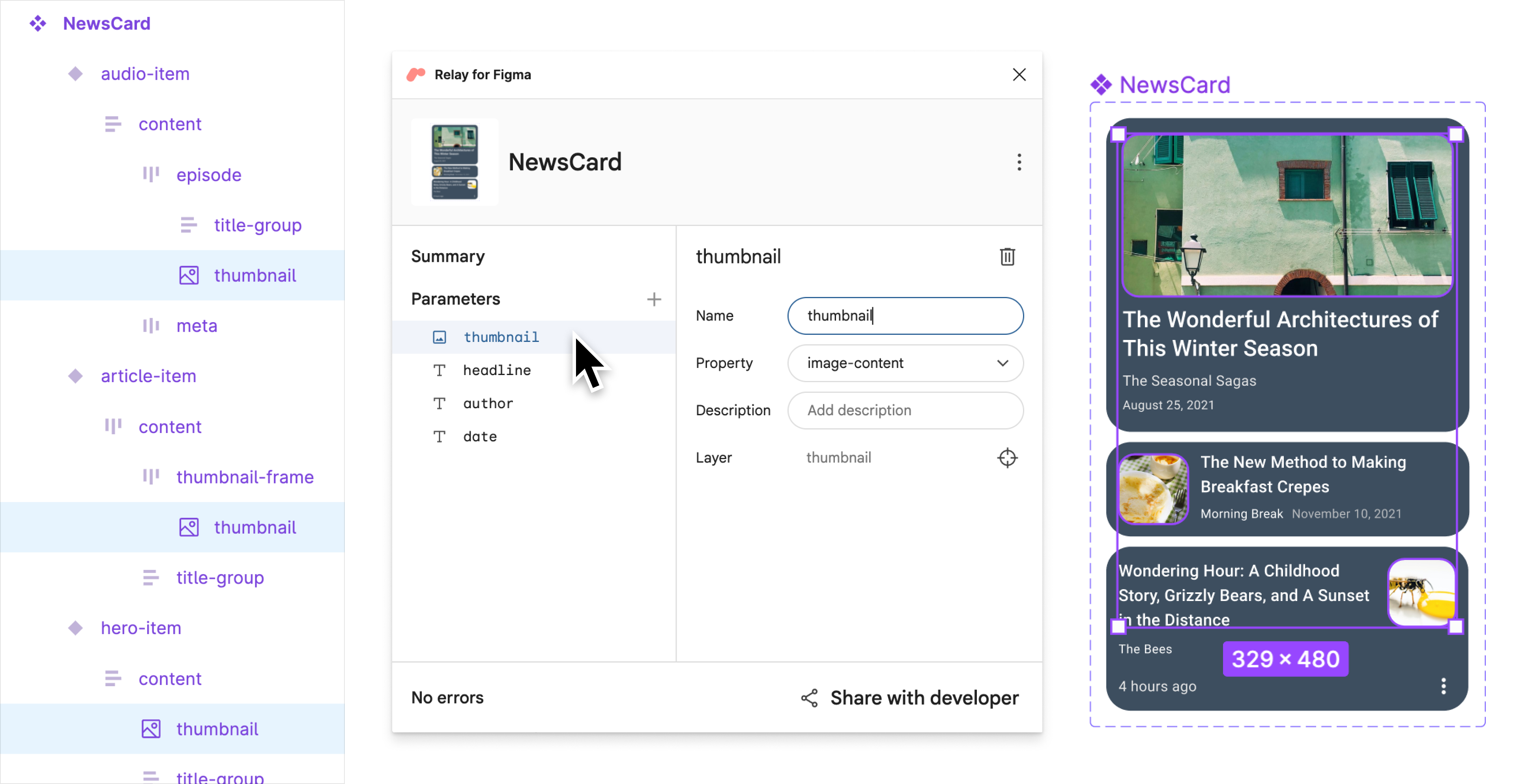 Plug-in Figma avec les trois calques de miniature sélectionnés