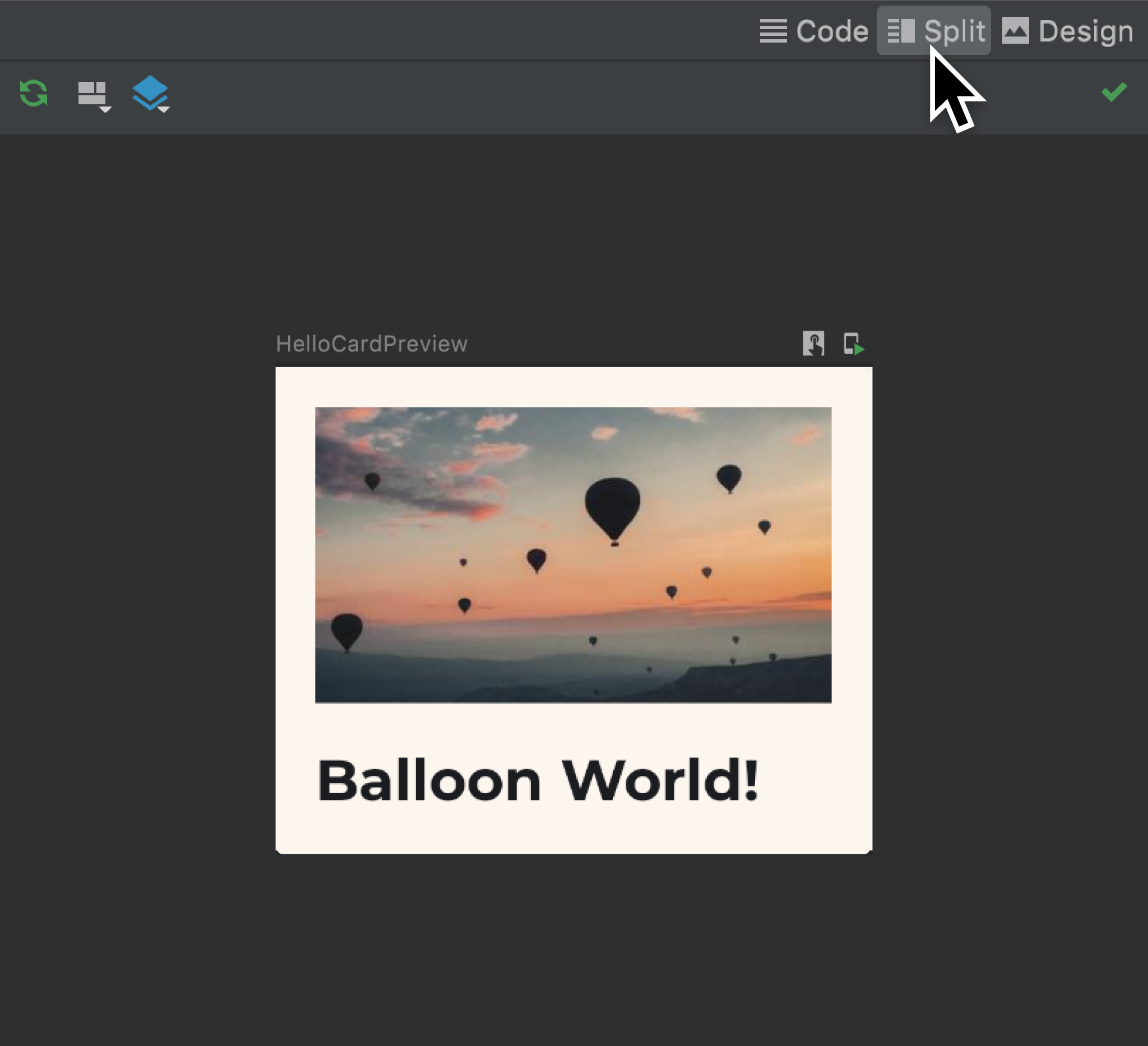 Vista previa de la tarjeta Hello World con un estilo de texto actualizado