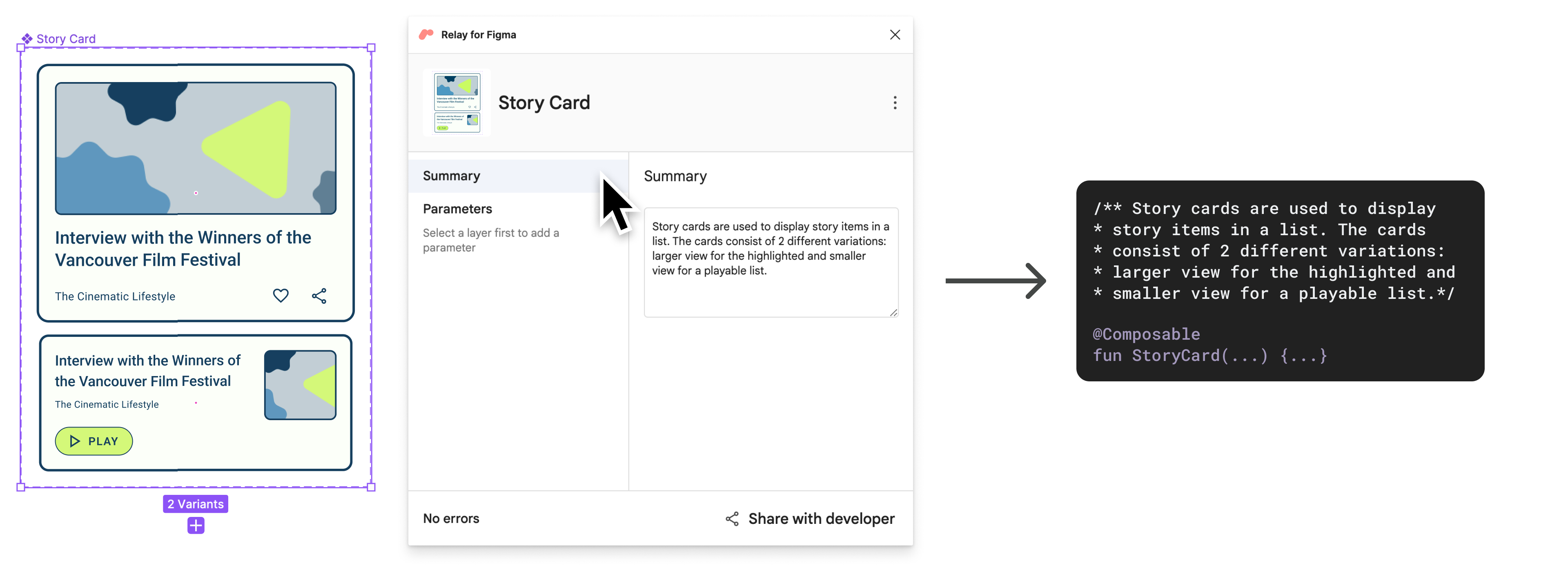 Relay for Figma con un componente seleccionado