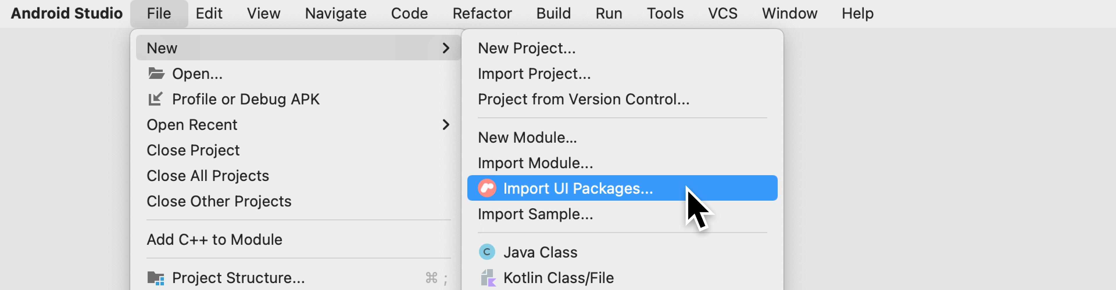 Option „Import UI Packages...“ (UI-Pakete importieren...) im Menü „File“ (Datei)