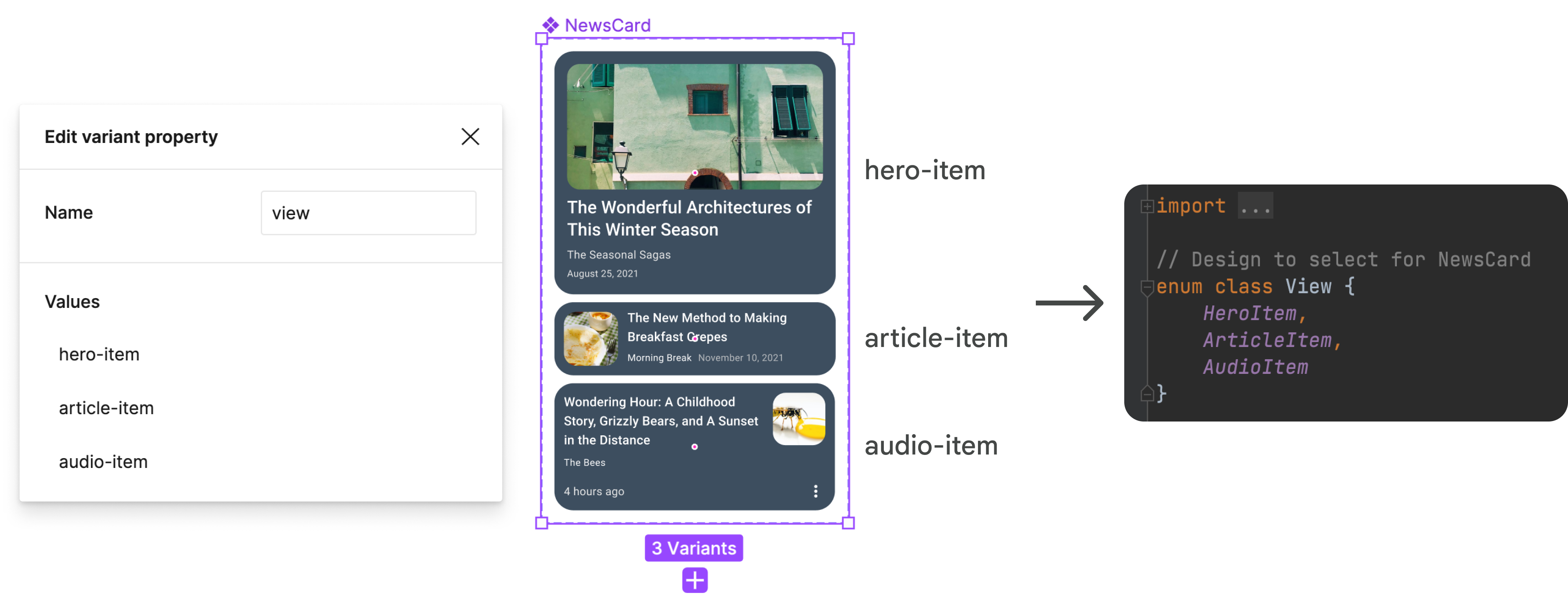 Variantes en Figma y enum de vista correspondiente