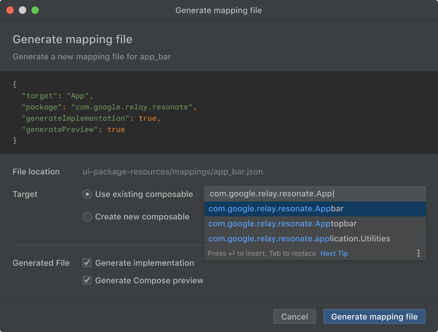 Dialog untuk membuat
file pemetaan