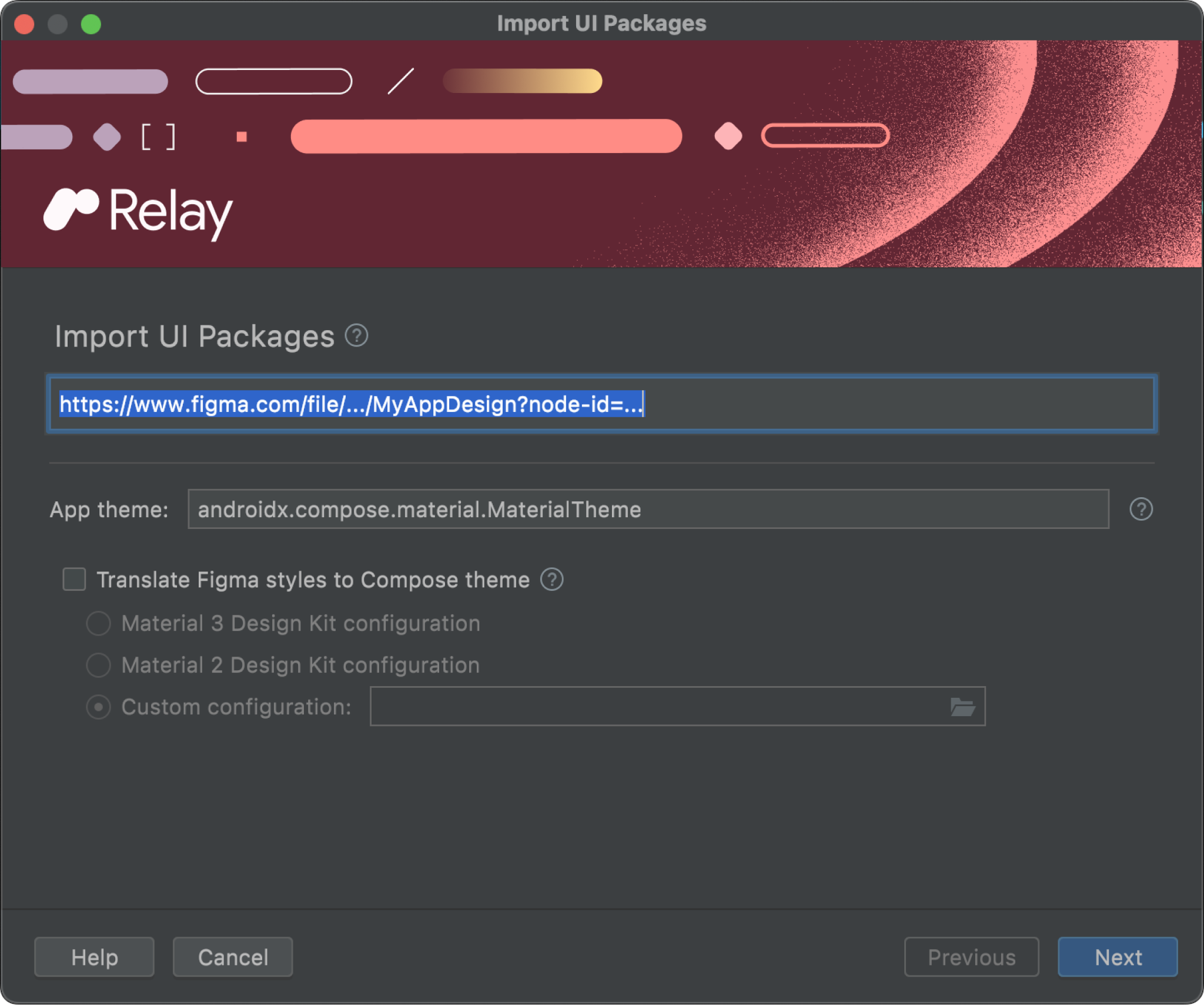 Complemento Relay for Android Studio: Cuadro de diálogo de importación de paquetes de IU