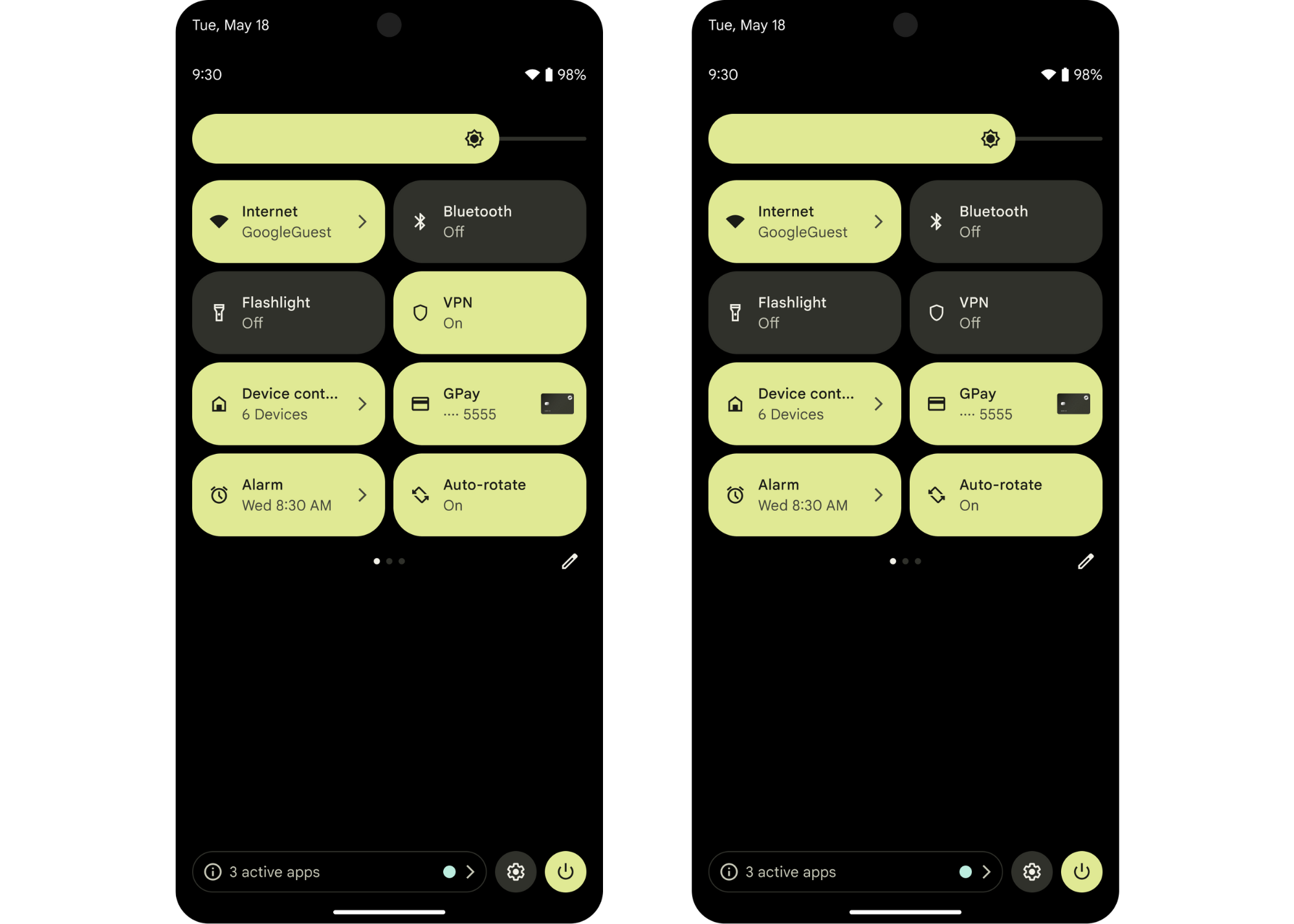 Panel Szybkich ustawień z włączonym i wyłączonym kafelkiem VPN