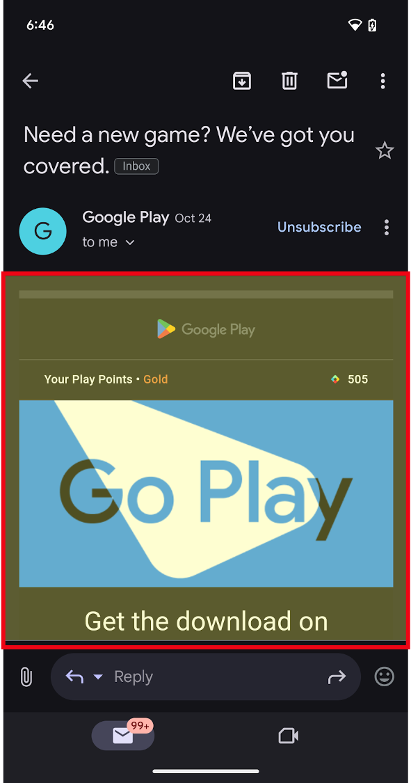 Android app open to Google Play, with the primary web view highlighted in a red box