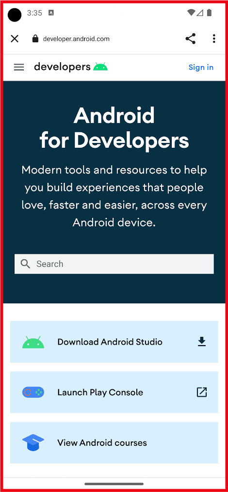 כרטיסייה בהתאמה אישית שנפתחת לדף האינטרנט Android For Developers, מודגשת בתיבה אדומה.