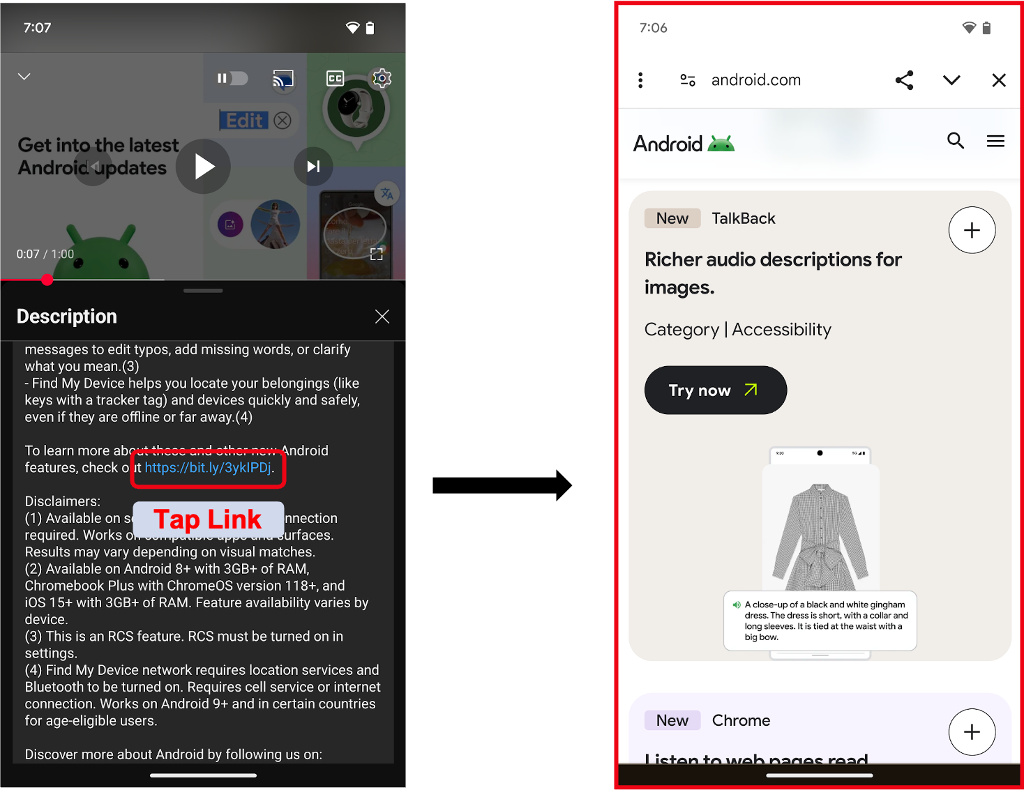 Strona internetowa z linkiem w aplikacji w czerwonym polu po lewej stronie i przeglądarka w aplikacji po prawej stronie.