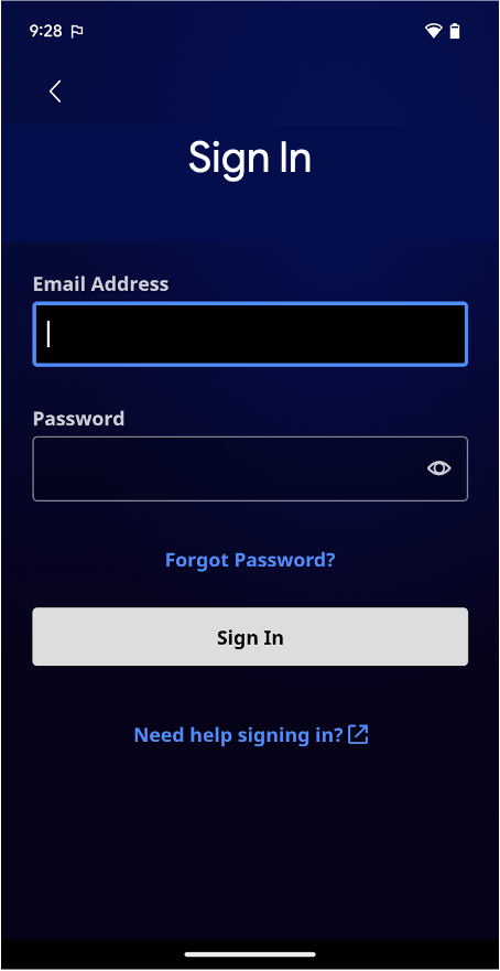 Kolom login dalam aplikasi dengan WebView di sebelah kiri.