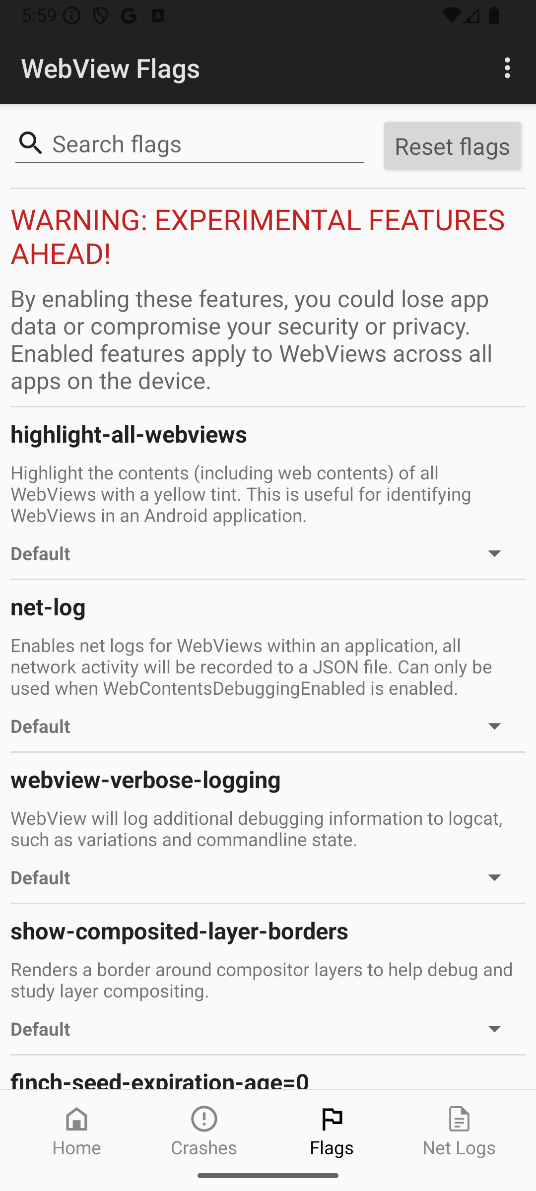 تطبيق WebView DevTools يعرض واجهة مستخدم العلامات.