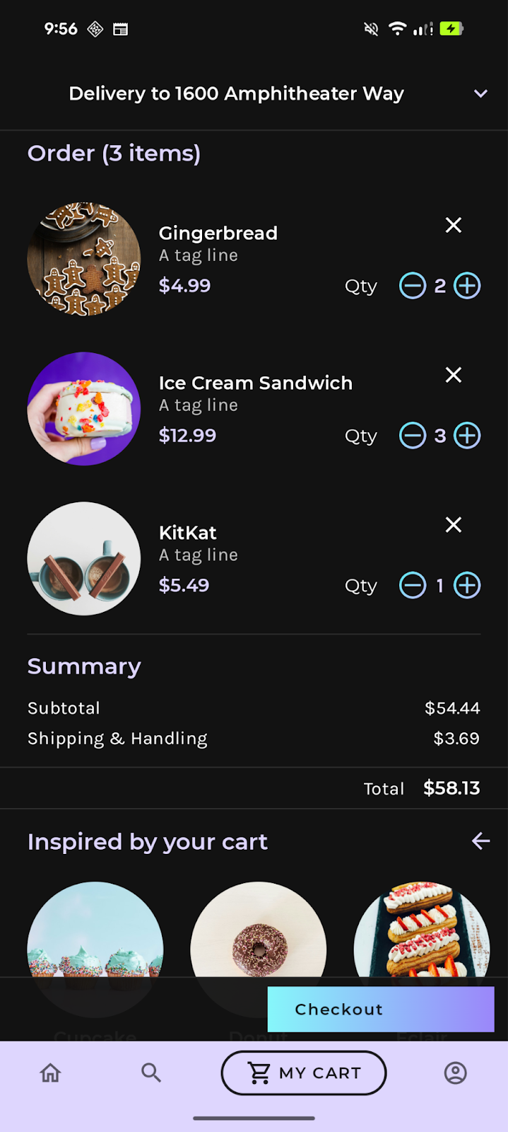 The Jetsnack cart screen with the checkout button visible as the user has granted the notification permission to the app.